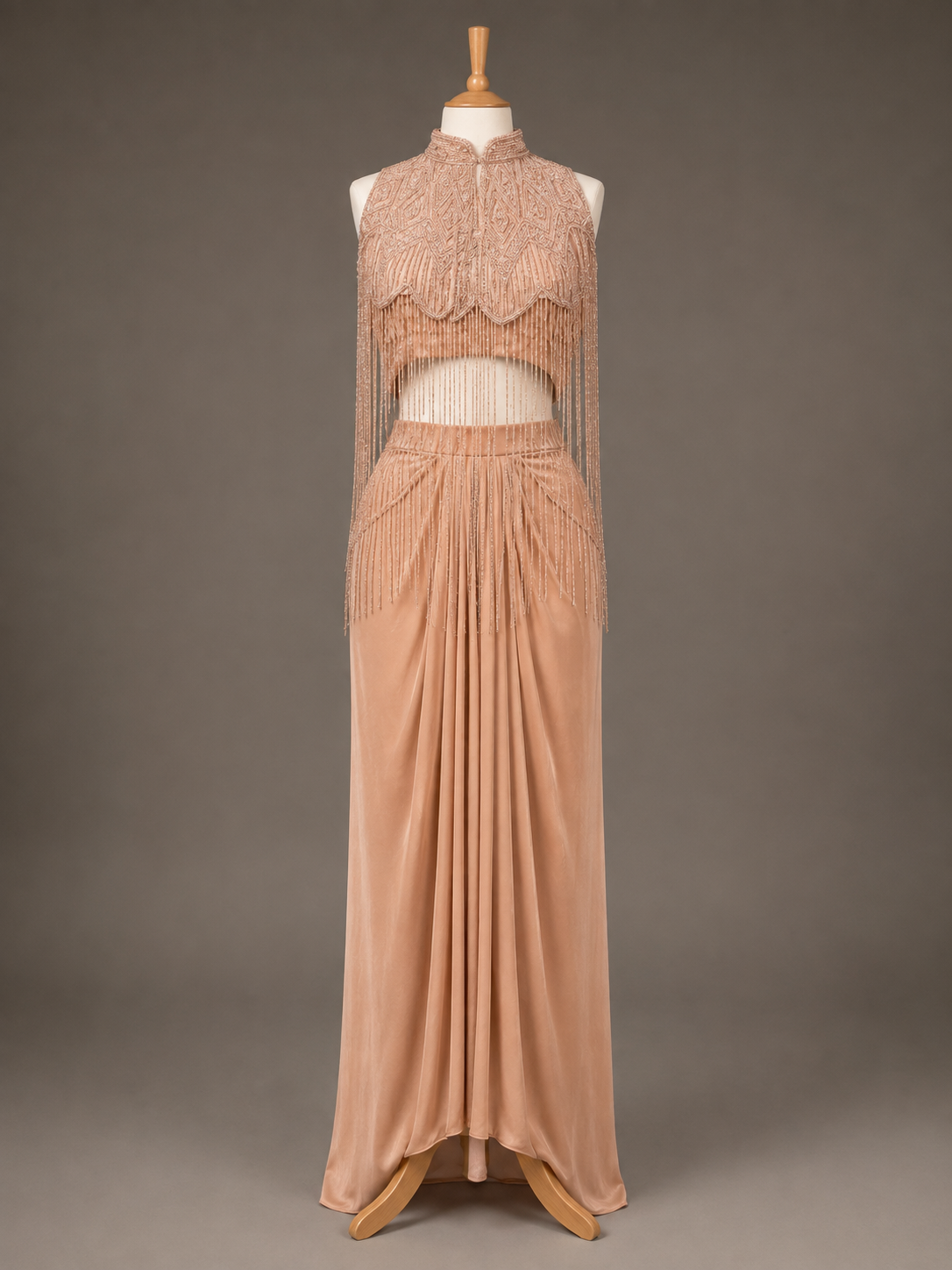Rose Gold Fringe Crop Top & Draped Skirt Set view 1