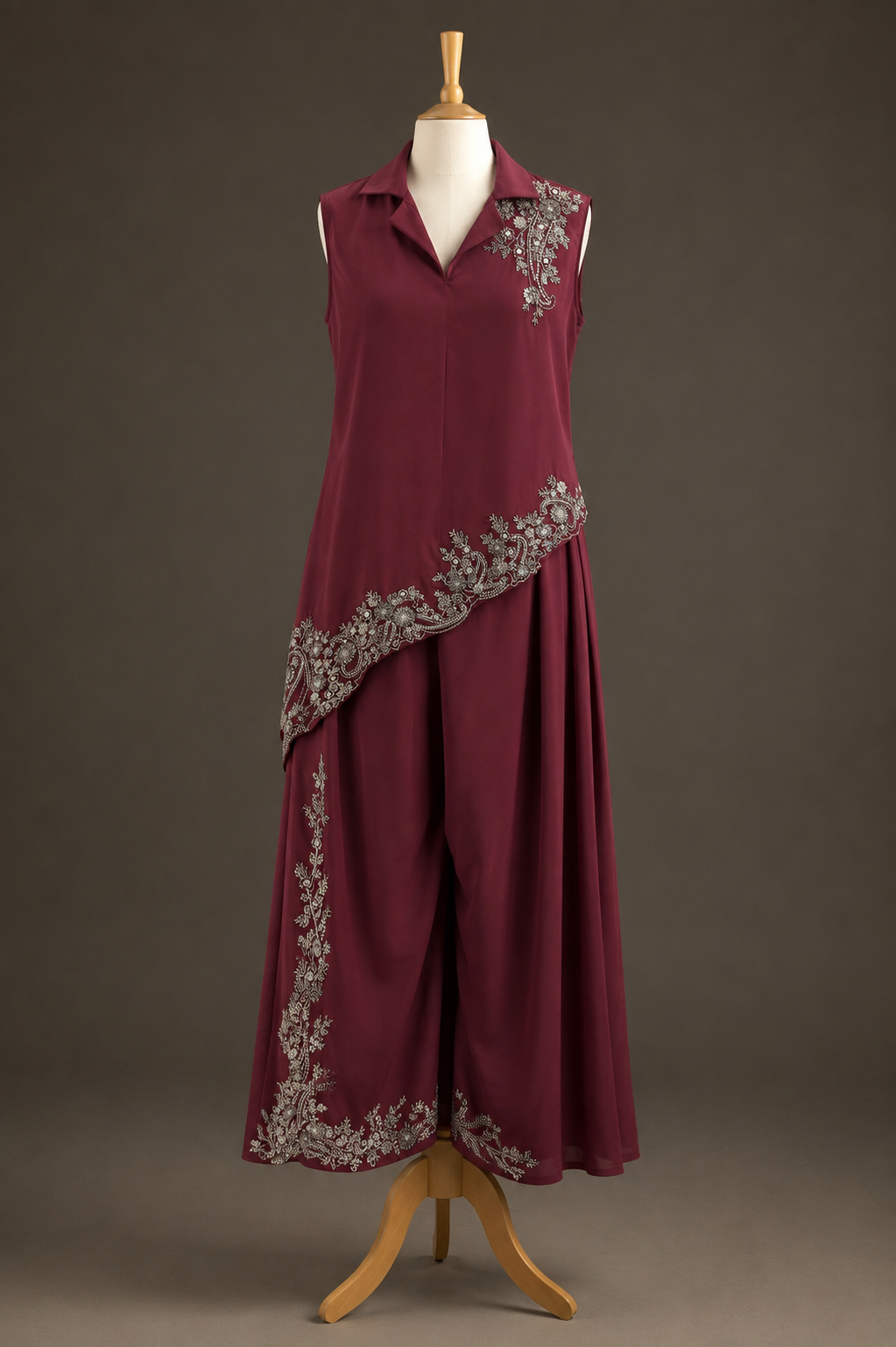 Wine Red Asymmetrical Embroidered Collar Kurta & Palazzo Set view 1