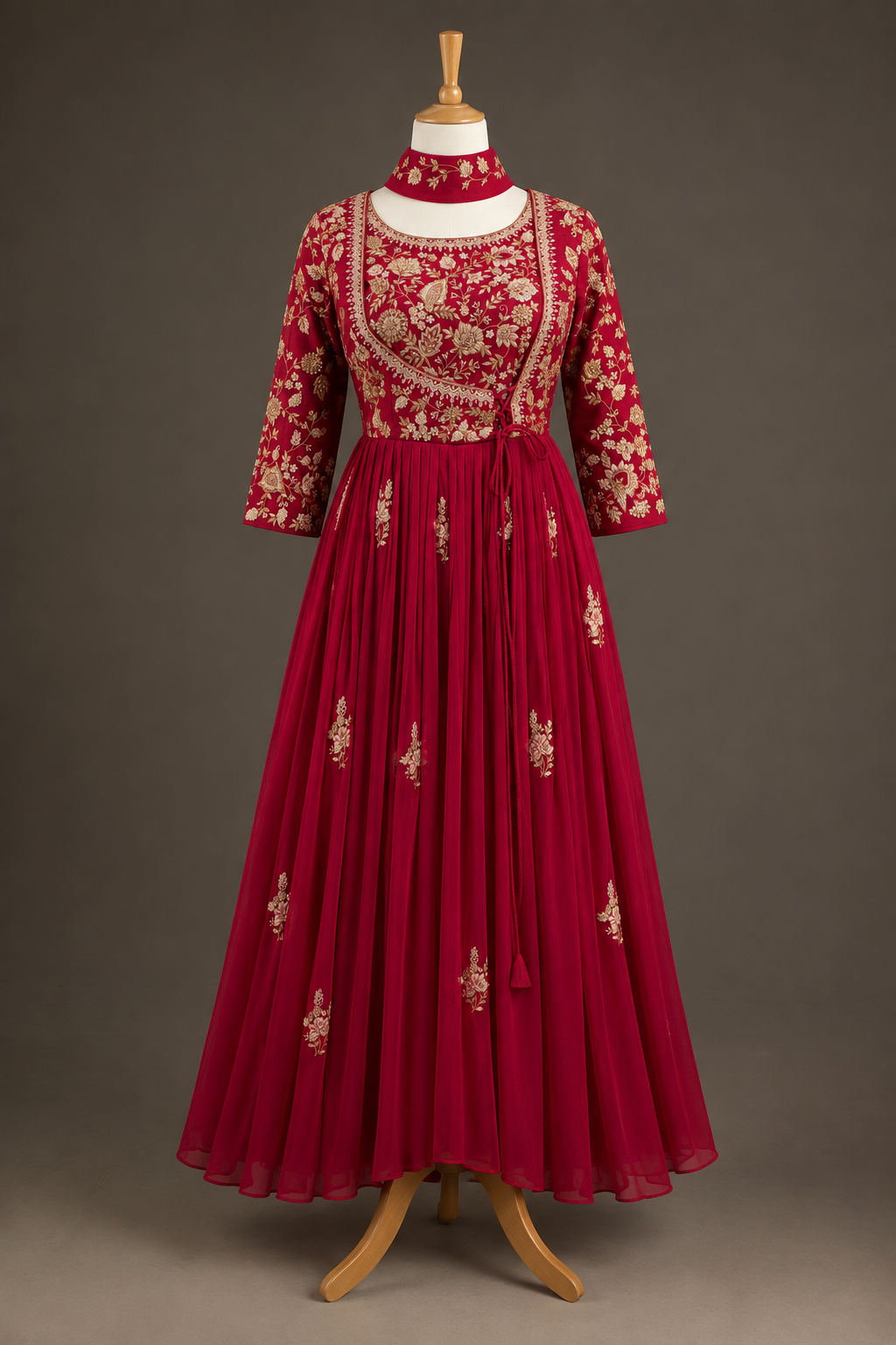Crimson Red Angrakha Pleated Anarkali Gown with Choker Dupatta view 1