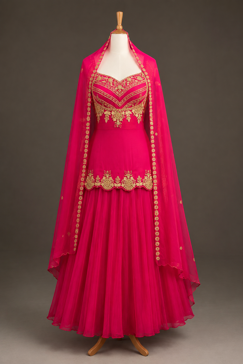 Rani Pink Zari Embroidered Peplum Sharara Set with Sheer Cape view 1