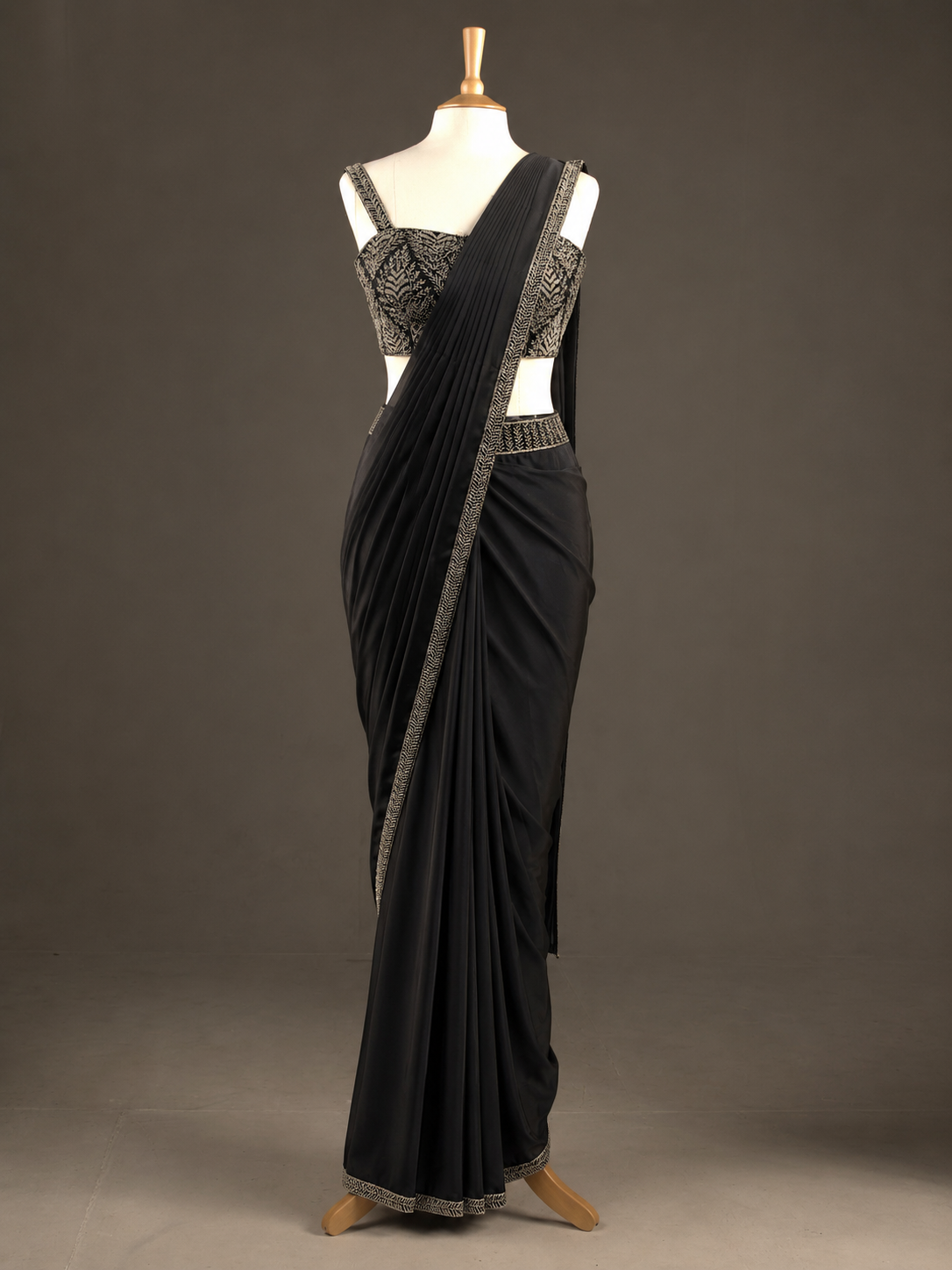 Noir Black Pre-Draped Pleated Saree with Embroidered Sweetheart Blouse view 1