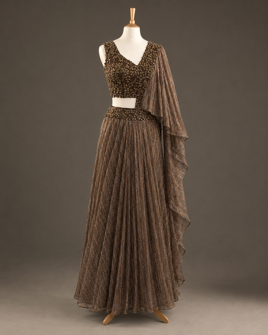 Champagne Bronze Metallic Pleated Lehenga Set with Draped Pallu view 1