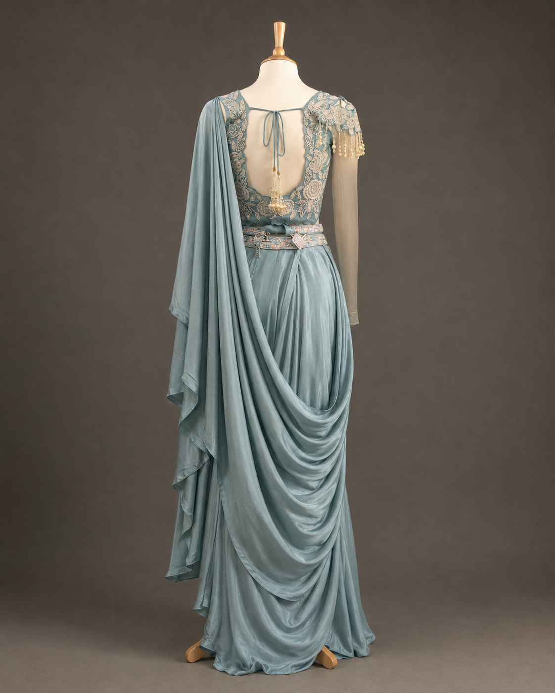 Powder Blue Pre-Draped Saree Gown with Embroidered Belt view 1