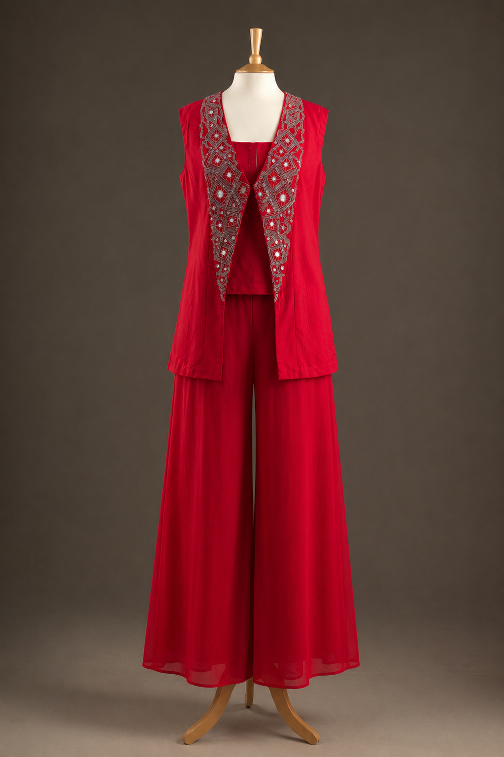 Scarlet Red Embroidered Vest Jacket & Palazzo Set view 1
