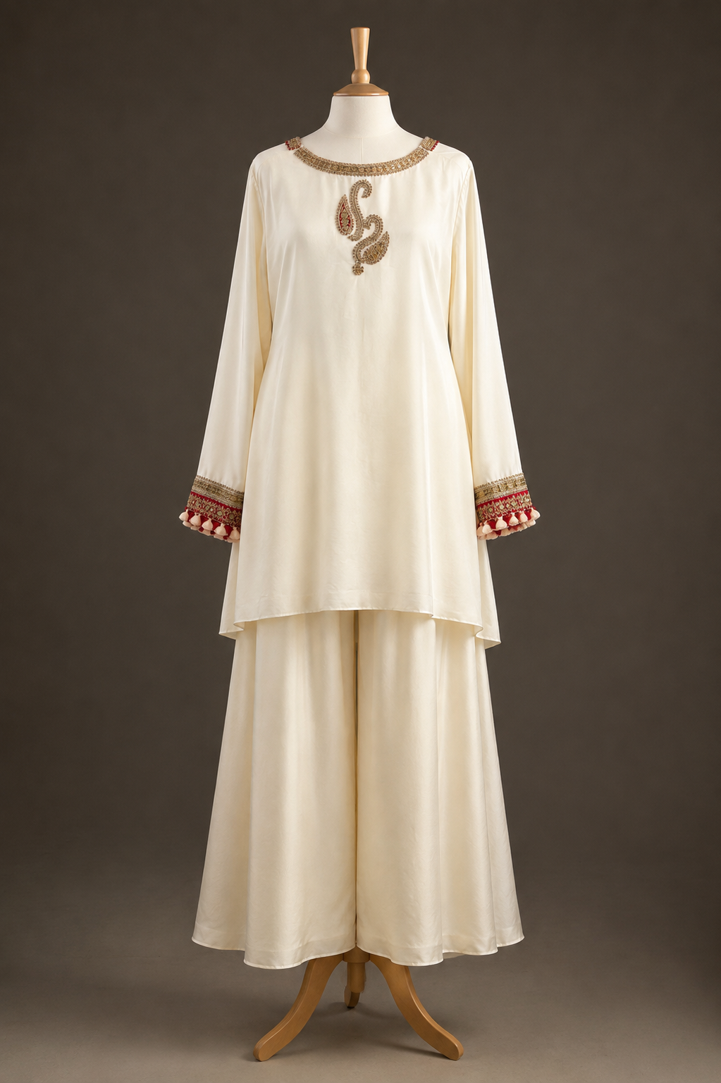 Ivory Pearl Silk Paisley Tunic & Flared Sharara Set view 1