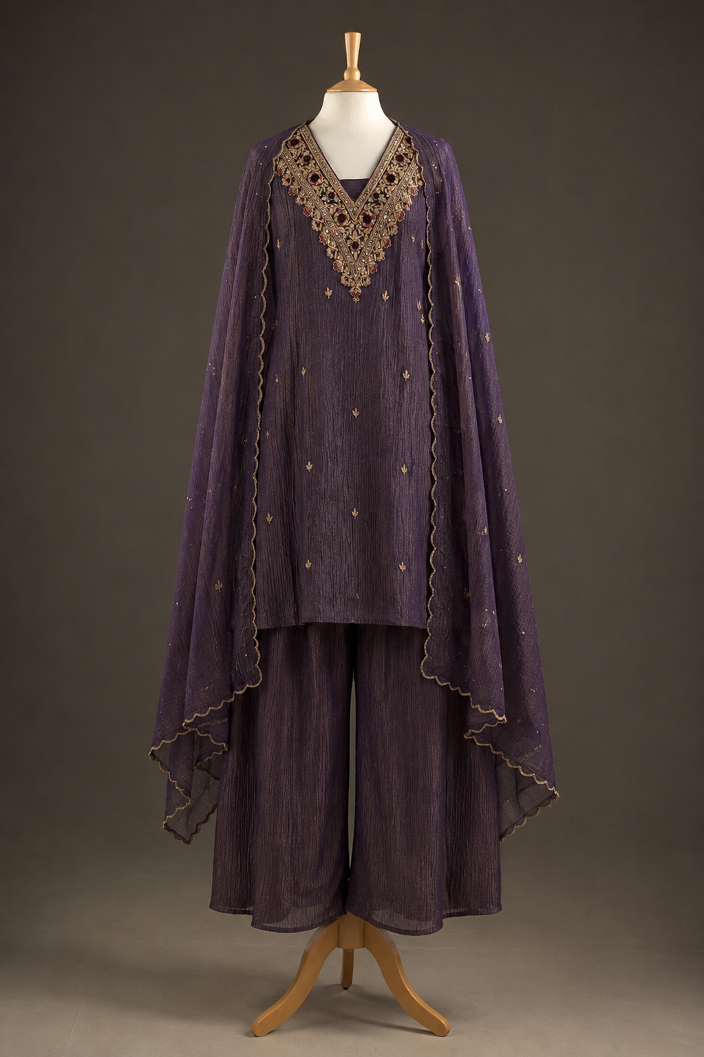 Royal Plum Crinkle Chiffon Cape Kurta & Palazzo Set view 1