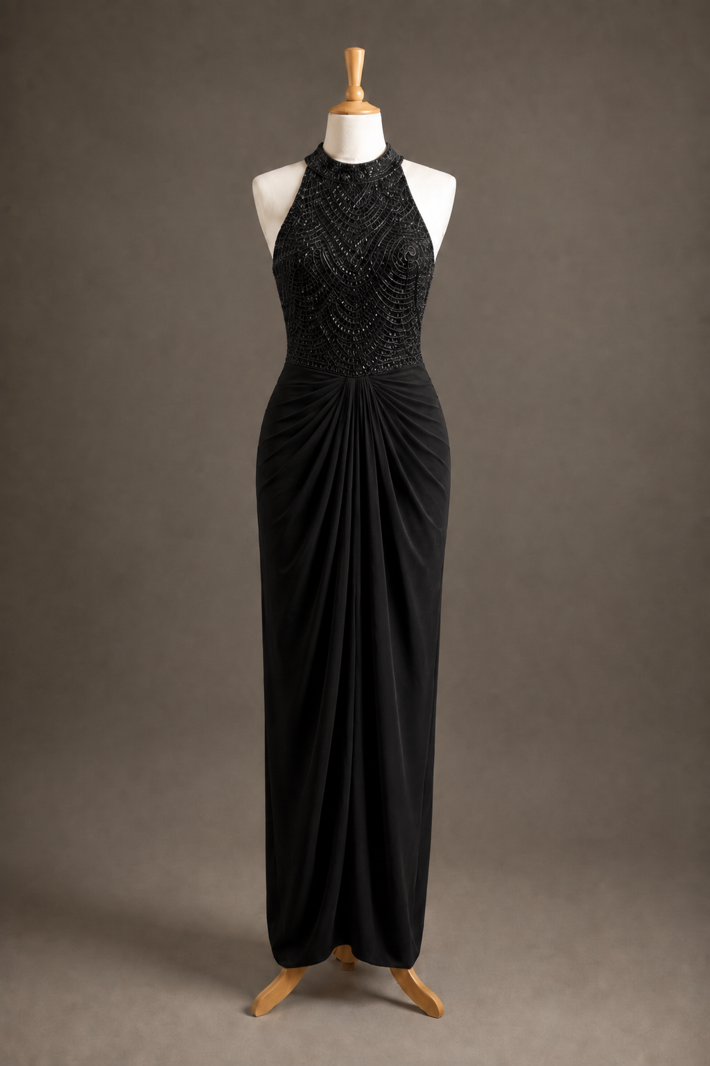 Noir Black Hand-Embroidered Halter Draped Column Gown view 1