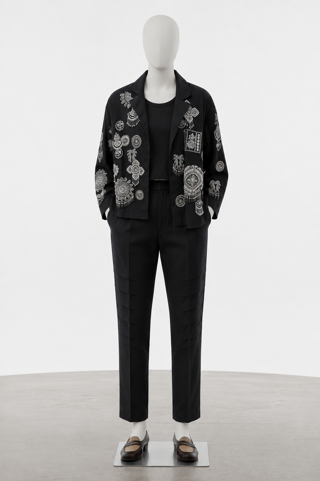 Onyx Black Hand-Embroidered Motif Blazer & Trouser Pantsuit view 1